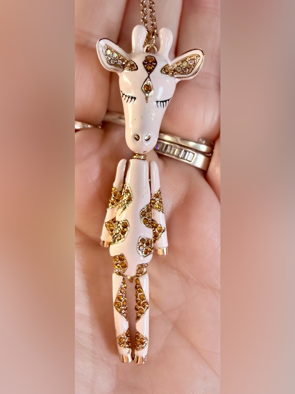 Betsey Johnson Articulated Giraffe Pendant Necklace  Enamel Rhinestone Gold Tone